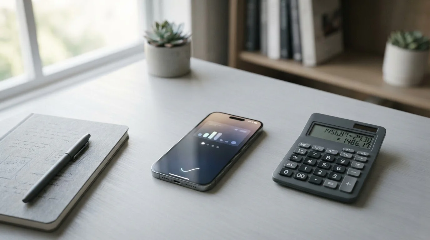 Smartphone mit digitaler Geldbörse und Taschenrechner auf neutralem Untergrund