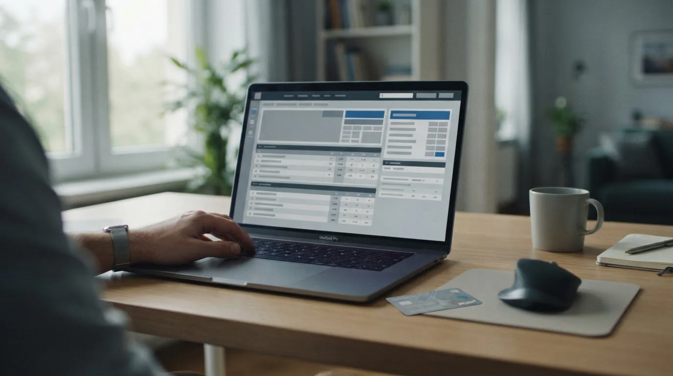 Laptop auf Schreibtisch zeigt abstraktes Interface für Online-Wettanbieter mit Neosurf-Prepaid-Karte daneben