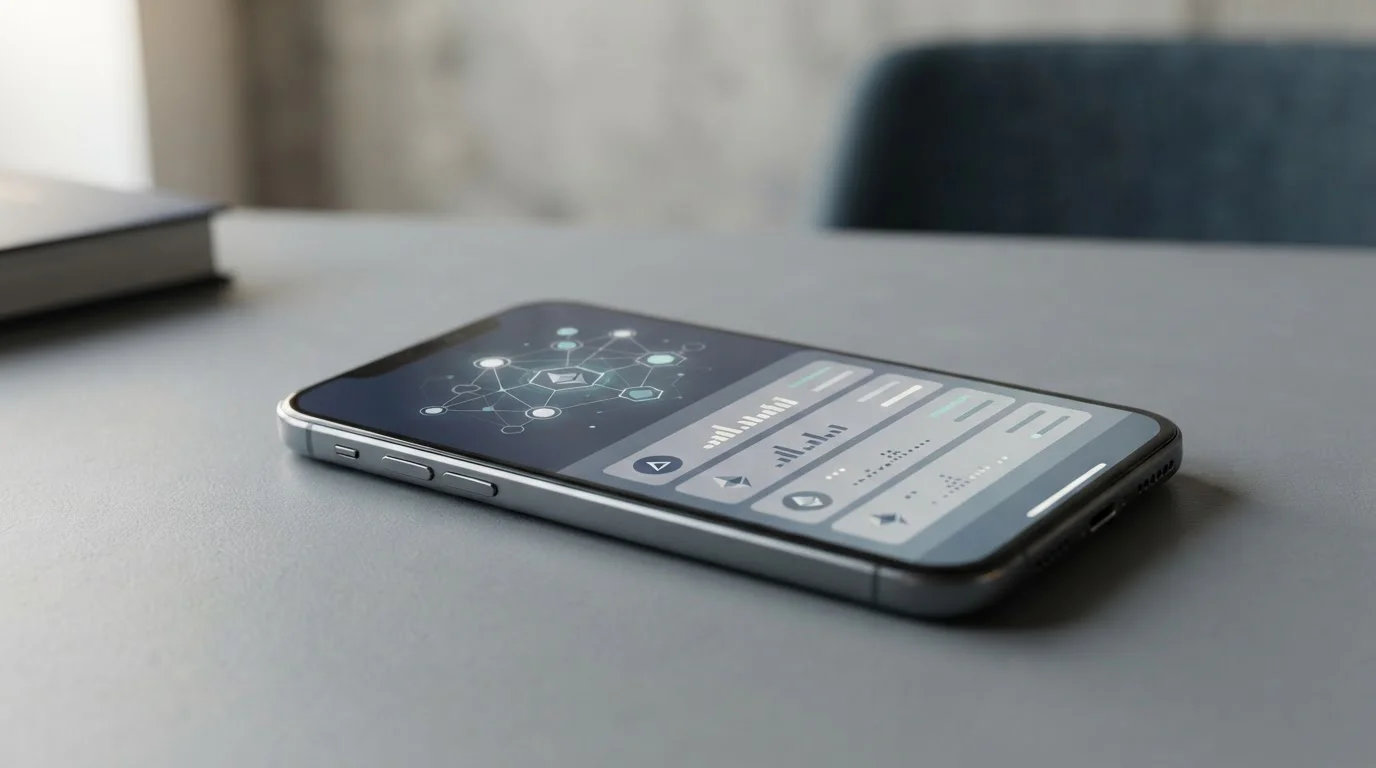 Smartphone mit abstrakten Kryptowährungs-Symbolen und digitaler Zahlungsschnittstelle