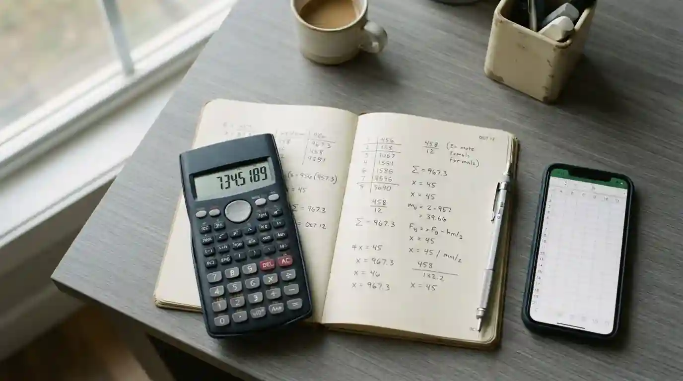 Taschenrechner und Notizbuch mit handschriftlichen Berechnungen auf einem Arbeitstisch