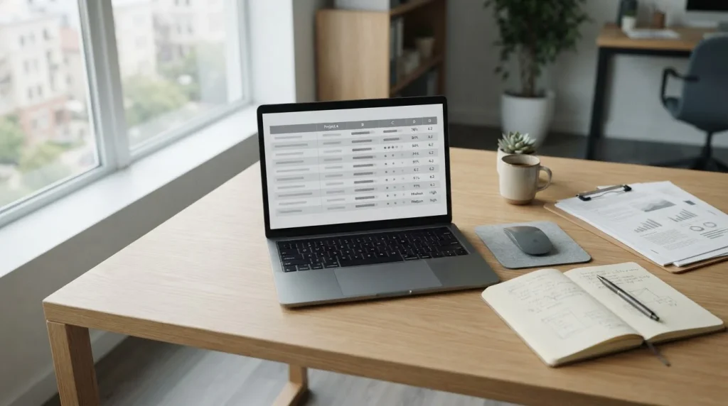 Laptop mit neutraler Vergleichsübersicht und Dokumenten auf aufgeräumtem Schreibtisch