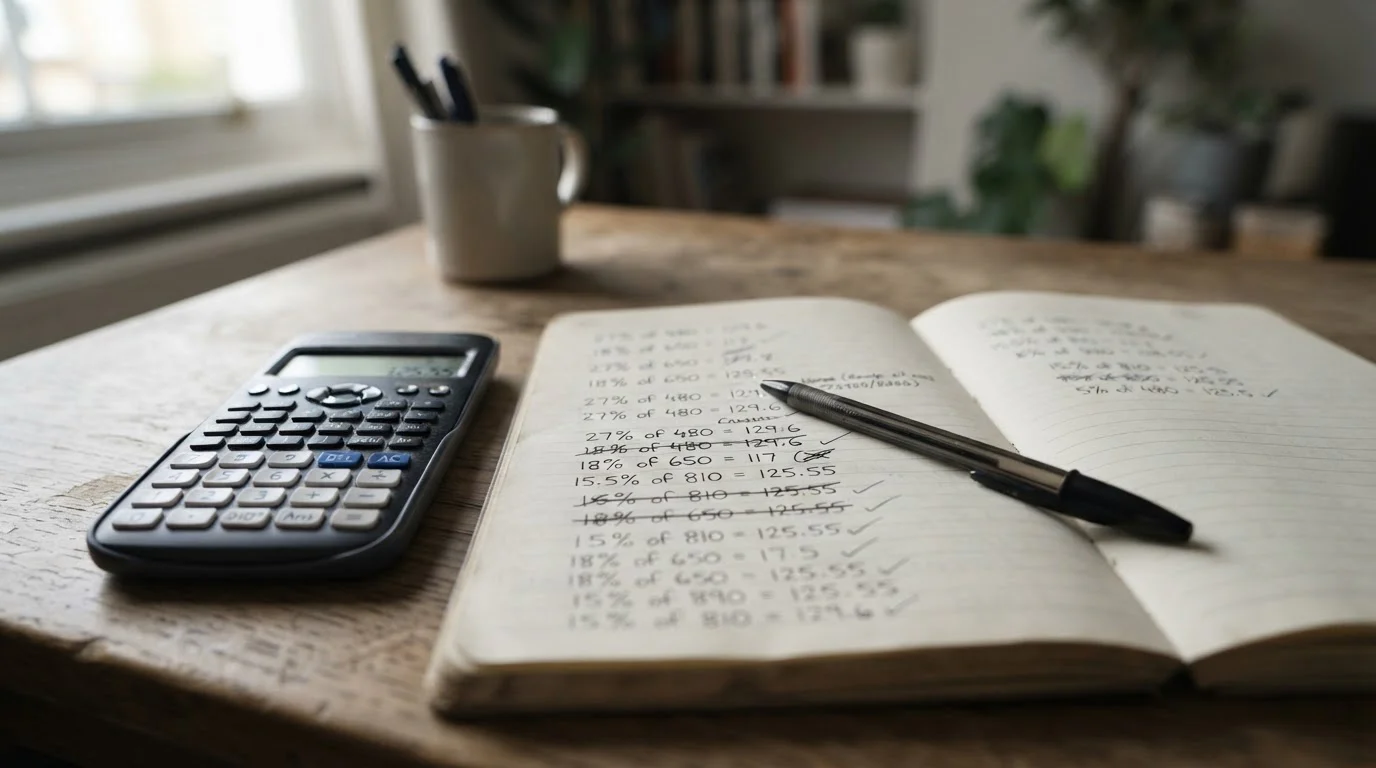 Taschenrechner und Notizen mit prozentualen Abzügen auf Schreibtisch