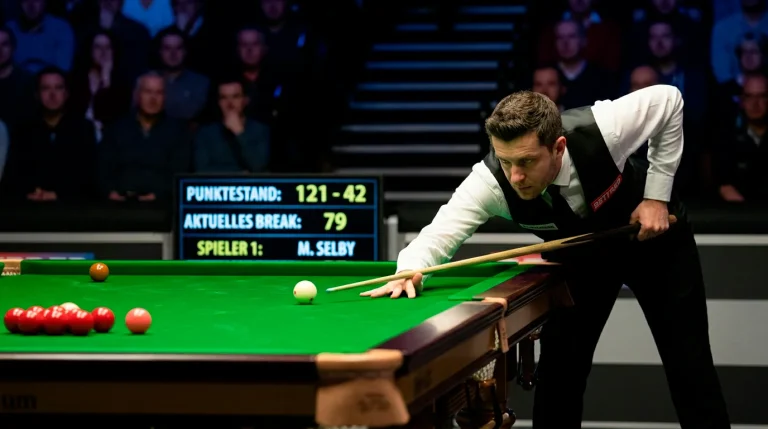 Snooker-Spieler beim präzisen Break-Building am Tisch