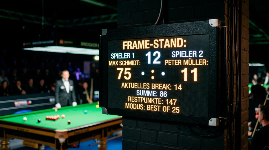 Snooker-Anzeigetafel mit Frame-Stand bei einem Turnier