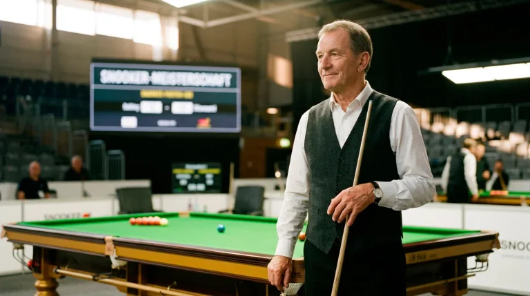 Erfahrener Snooker-Spieler mit Queue in Siegerpose