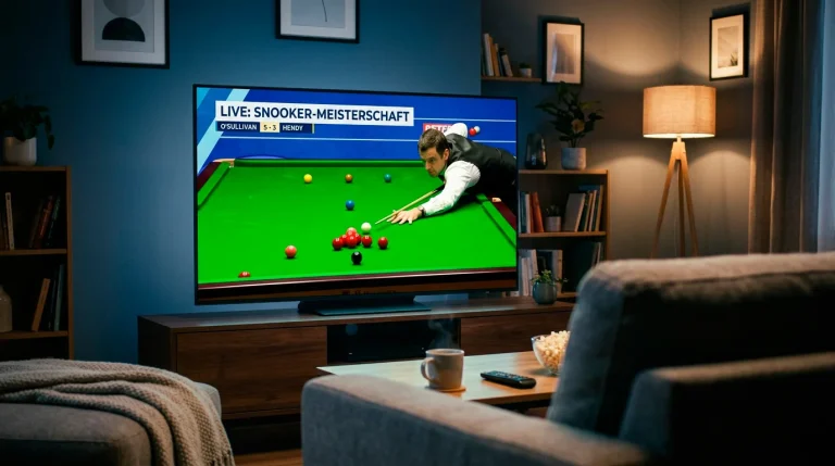 Snooker-Match auf großem TV-Bildschirm im Wohnzimmer