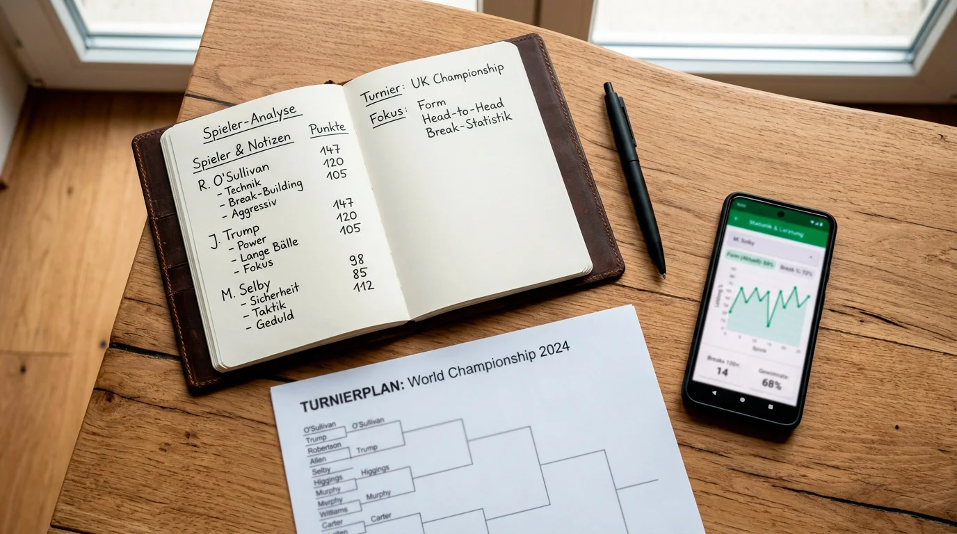 Notizbuch mit Snooker Wettstatistiken und Spieleranalyse