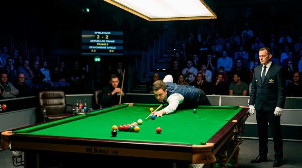 Snooker-Match mit zwei Spielern am Tisch während eines Turniers