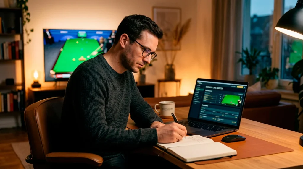 Person analysiert Snooker-Quoten auf Laptop-Bildschirm