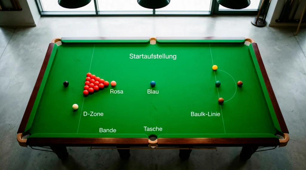 Snooker-Tisch mit aufgebauten Kugeln im Dreieck