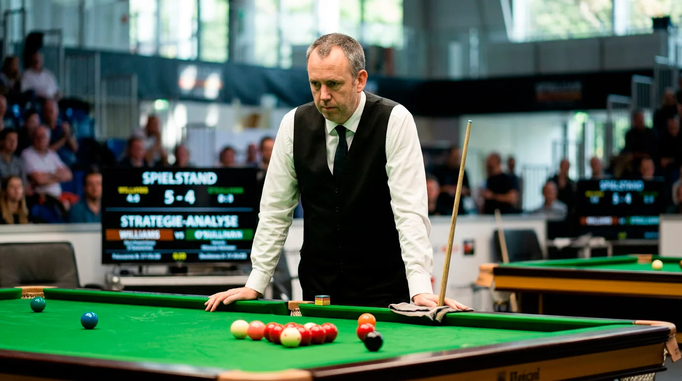 Snookerspieler analysiert den Tisch und plant seinen nächsten Stoß