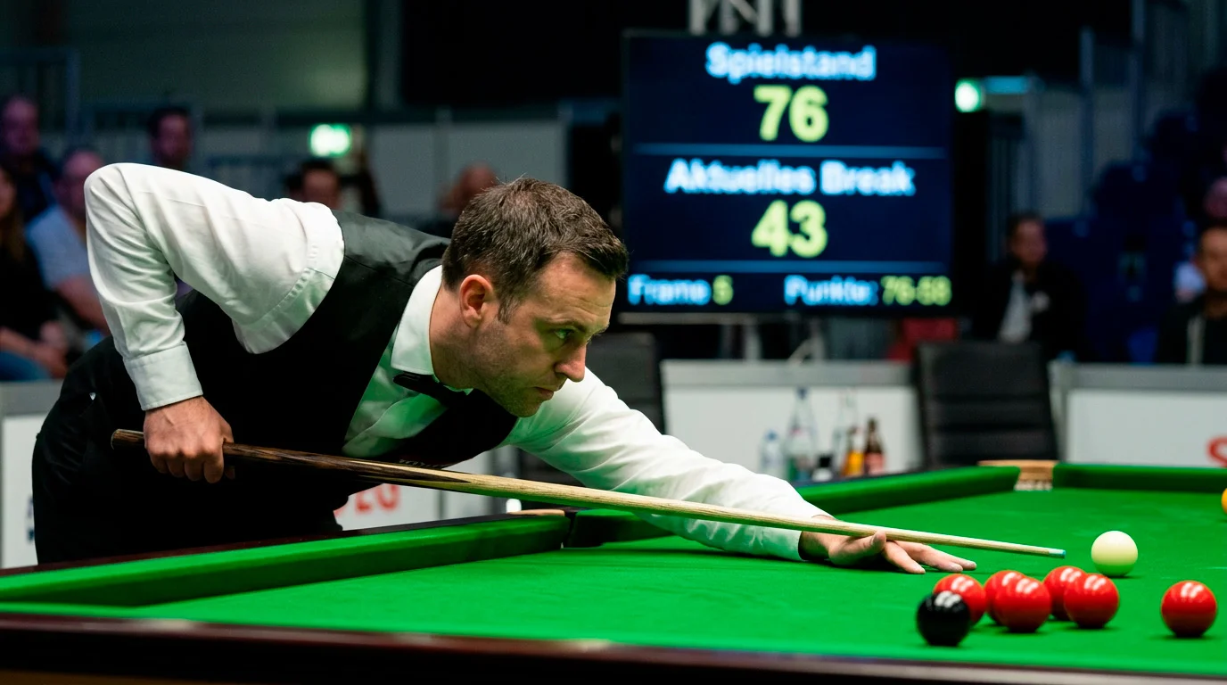 Professioneller Snookerspieler beim Break-Building am Tisch mit Queue