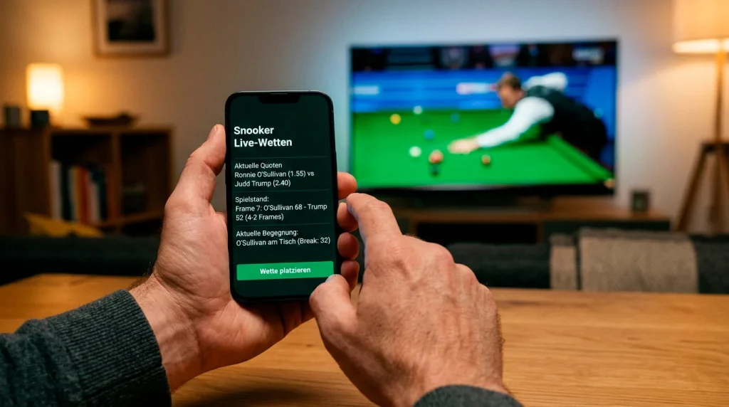 Hand hält Smartphone mit Sportwetten-App vor Snooker-TV
