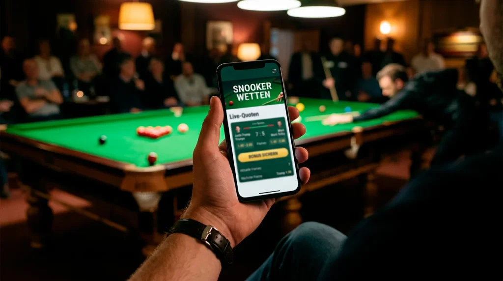 Smartphone mit Sportwetten-App und Snooker-Tisch im Hintergrund