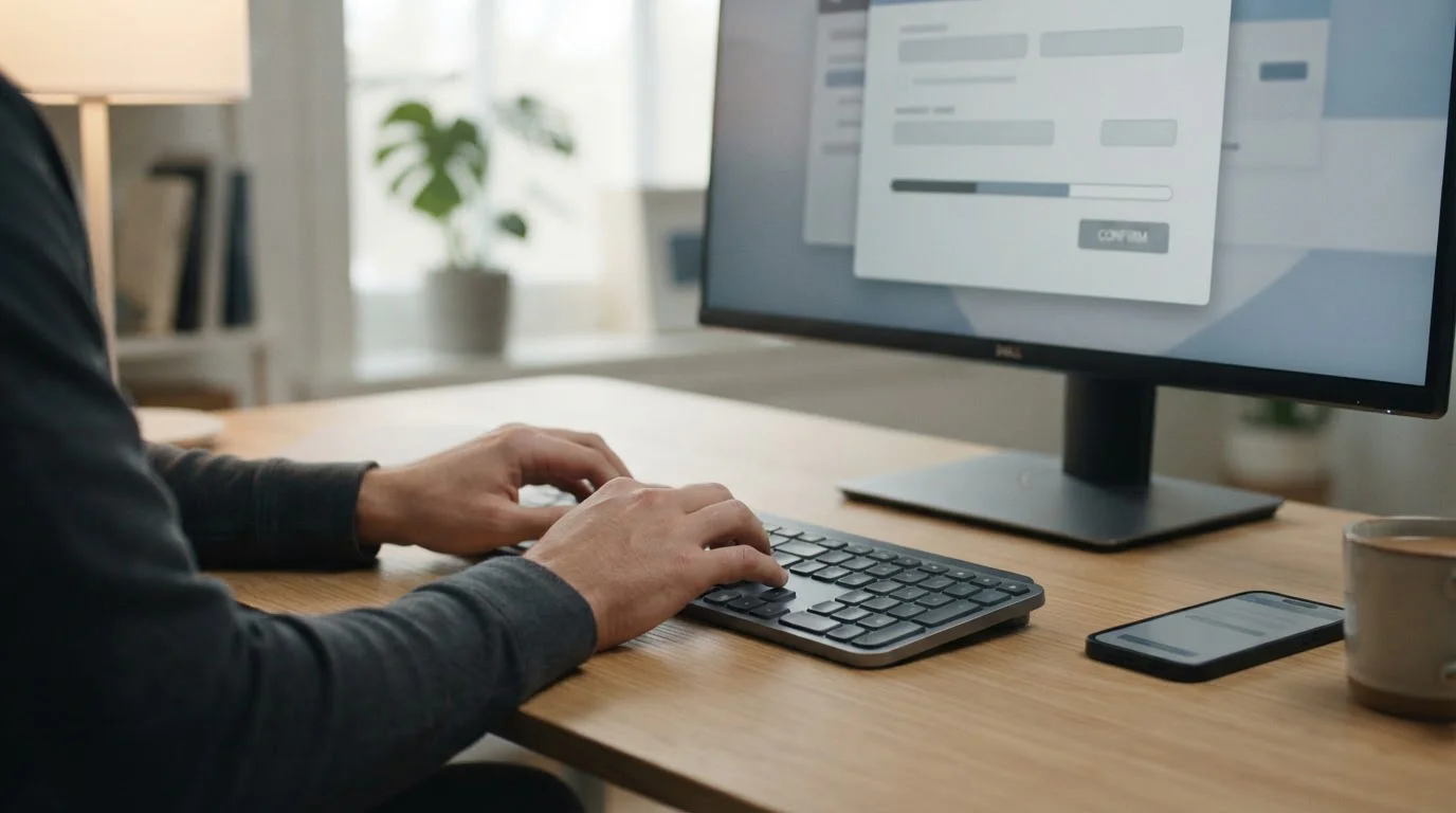 Hände an Tastatur während einer Online-Zahlung mit abstraktem Interface