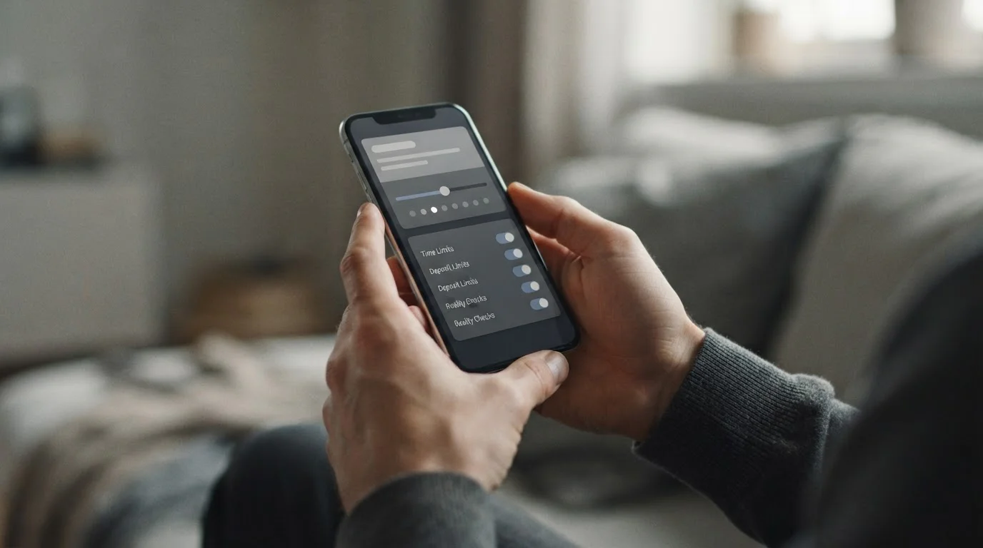 Person setzt Limits in neutraler App-Oberfläche für verantwortungsvolles Spielen