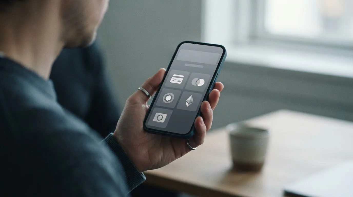 Smartphone mit Auswahl digitaler Zahlungsmethoden auf dem Display